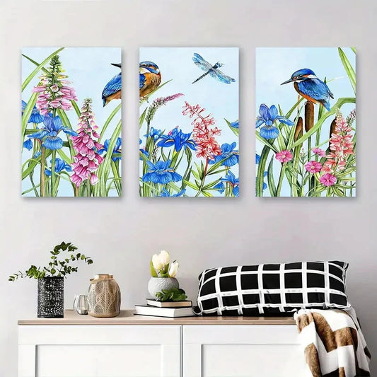 3pcs Kingfisher and Wildflower Nature Inspired Metal Print Ready to Hang Art