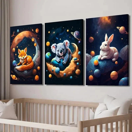 3pcs Fox Koala & Rabbit with Fantasy Planet Wall Art Set Canvas Framed 40x60cm - High Quality Print 100% Australian Made Wall Canvas Ready to Hang