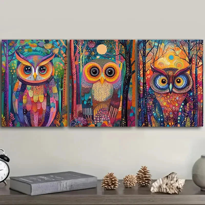 3pcs  Owl, Psychedelic (7)  Wall Art Set Canvas Framed 40x60cm - High Quality Print 100% Australian Made Wall Canvas Ready to Hang