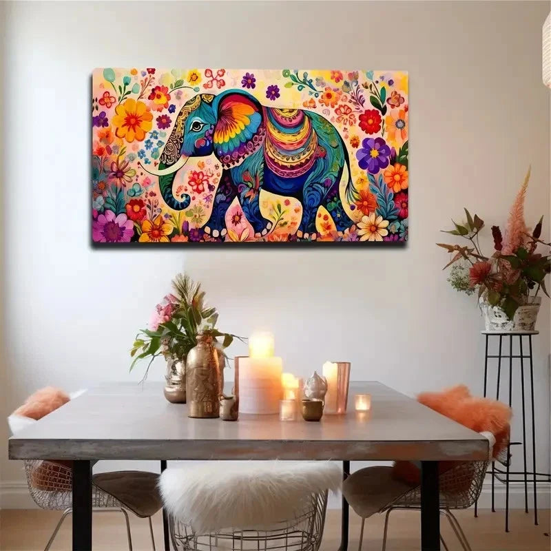 Walking Elephant Colorful Wall Art Canvas Office Home Room Framed 80x45cm