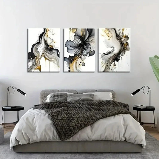 3pcs Black and Gold Abstract  Metal Print Ready to Hang Art