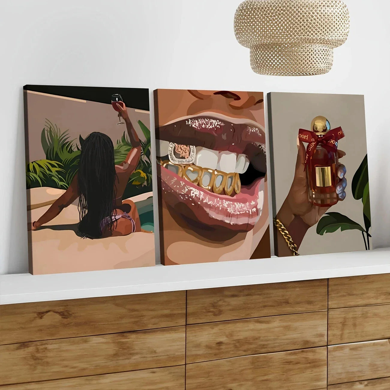 3pcs Woman Art Black Girl Green Leaves Red Gold Wall Art Set Canvas Framed 40x60cm - High Quality Print 100% Australian Made Wall Canvas Ready to Hang