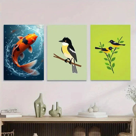 3pcs Colorful Fish and Birds Vibrant Nature Metal Print Ready to Hang Art