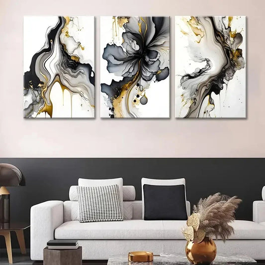 3pcs Modern Marble Fluid Black and Golden Metal Print Ready to Hang Art