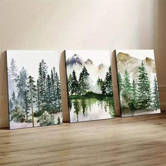 3pcs Mountain Forest Scenery Tranquil River Wall Art Set Canvas Framed 40x60cm - High Quality Print 100% Australian Made Wall Canvas Ready to Hang