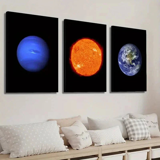 3pcs Sun Neptune Earth on Black Background Wall Art Set Canvas Framed 40x60cm - High Quality Print 100% Australian Made Wall Canvas Ready to Hang