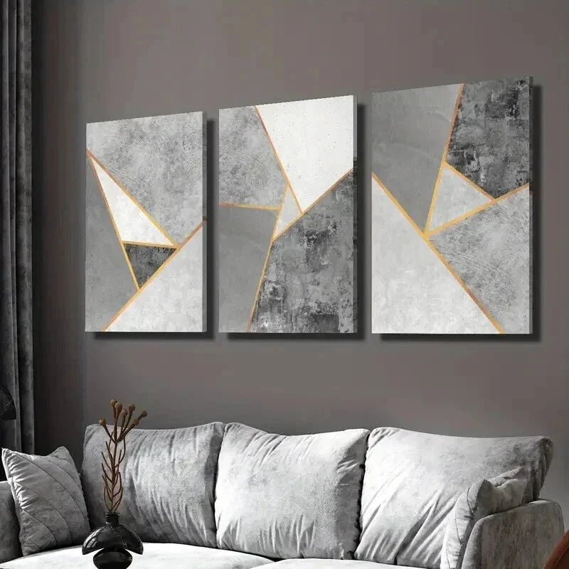 3pcs Grey and Golden Geometric Designs Wall Art Set Canvas Framed 40x60cm - High Quality Print 100% Australian Made Wall Canvas Ready to Hang