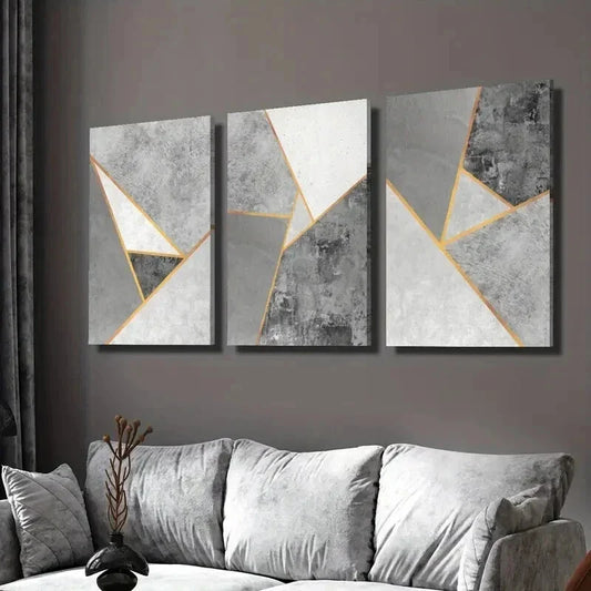 3pcs Grey and Golden Geometric Designs Wall Art Set Canvas Framed 40x60cm - High Quality Print 100% Australian Made Wall Canvas Ready to Hang