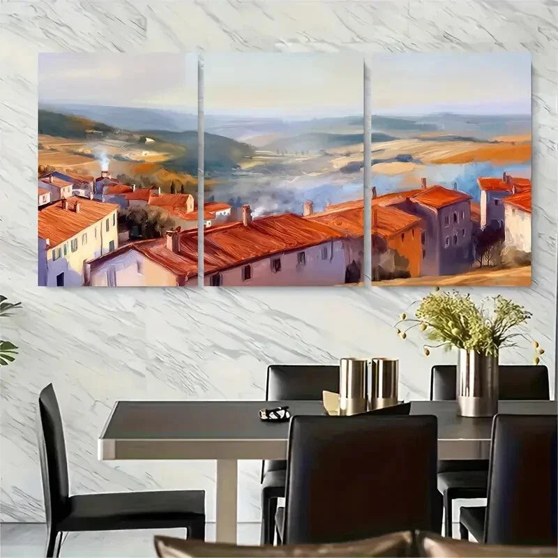 3pcs Golden Hour Village Warm Sunset Scene Metal Print Ready to Hang Art