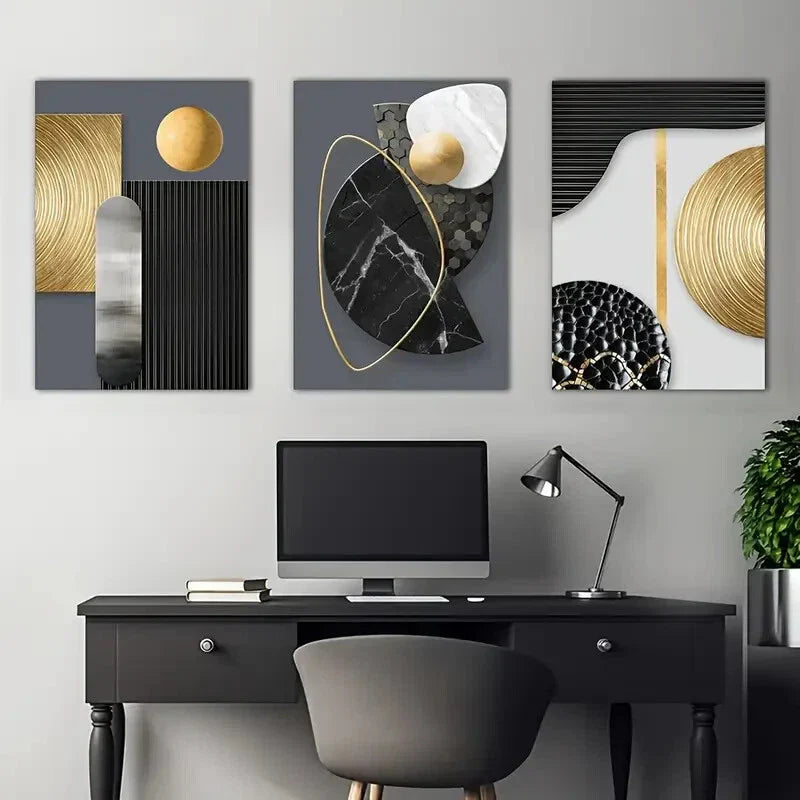 3pcs Modern Geometric Black Gold White  Metal Print Ready to Hang Art