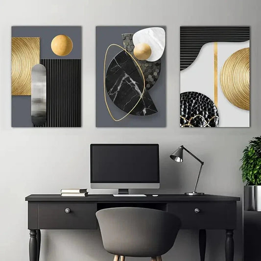 3pcs Modern Geometric Black Gold White  Metal Print Ready to Hang Art