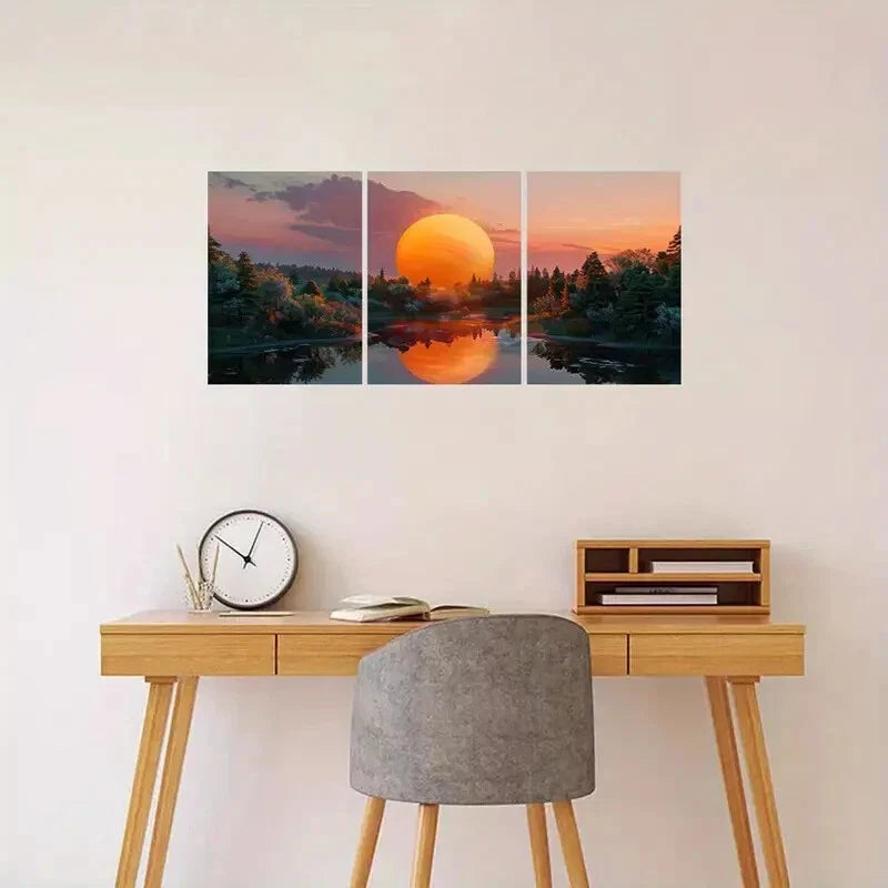 3pcs Vibrant Landscape with Serene Lake Metal Print Ready to Hang Art