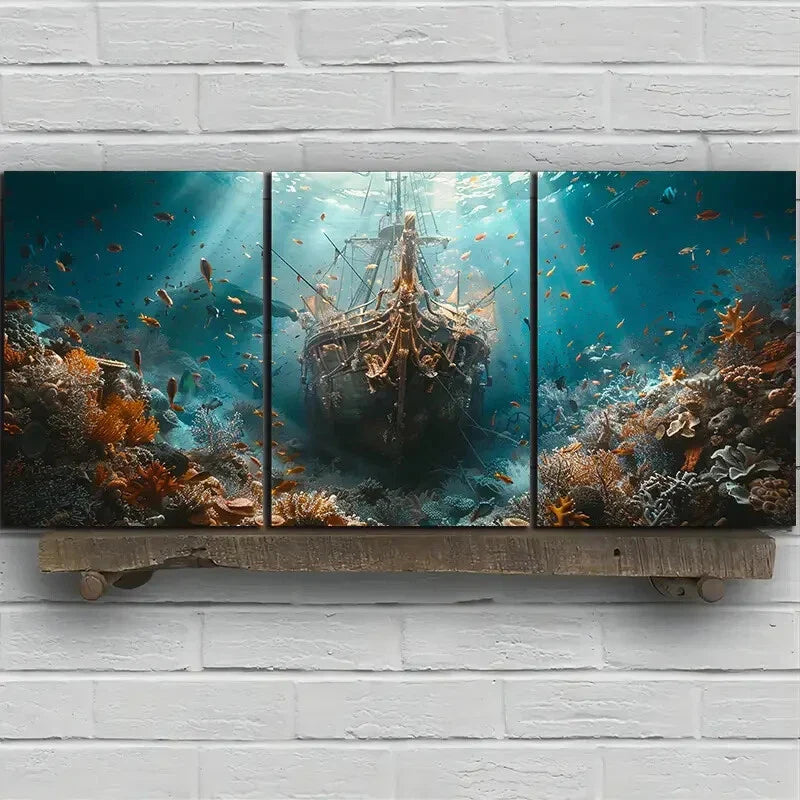 3pcs Submarine Boat Underwater Metal Print Ready to Hang Art