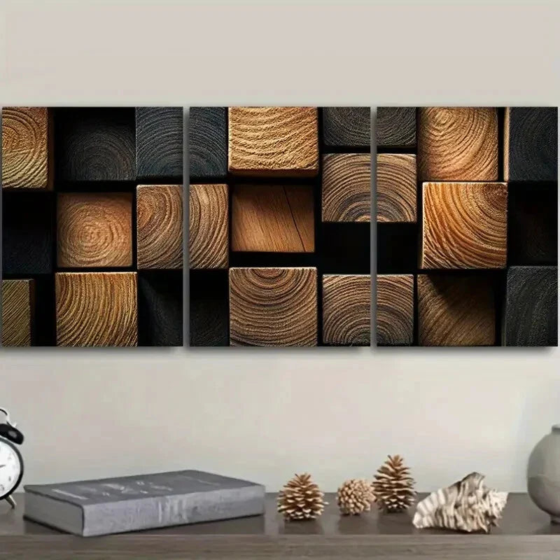 3pcs Featuring Dark Textured Wooden Blocks Metal Print Ready to Hang Art
