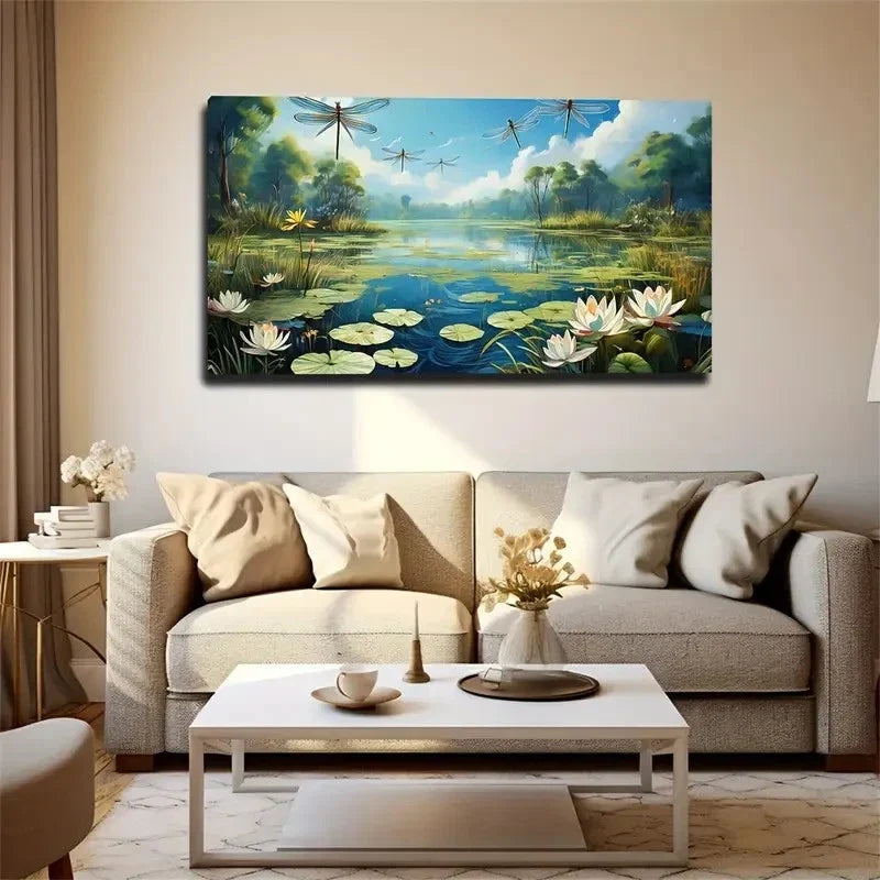 Dragonfly Above For Lotus Wall Art Canvas Office Home Room Framed 80x45cm