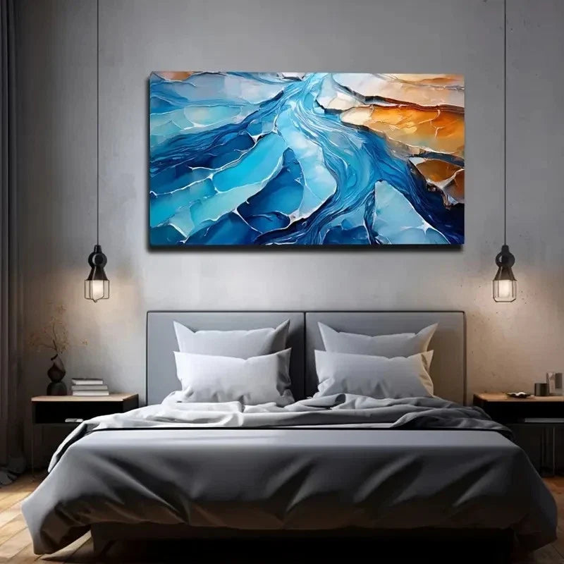 Abstract River Modern Blue Wall Art Canvas Office Home Room Framed 80x45cm