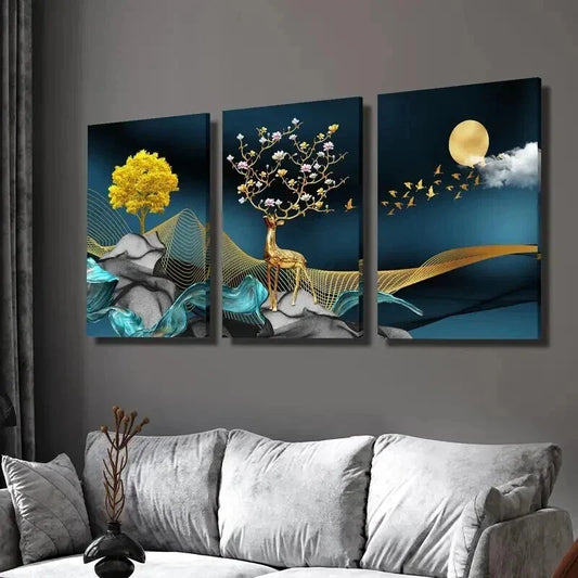 3pcs Elk & Flying Birds Full Moon Money Tree Wall Art Set Canvas Framed 40x60cm - High Quality Print 100% Australian Made Wall Canvas Ready to Hang