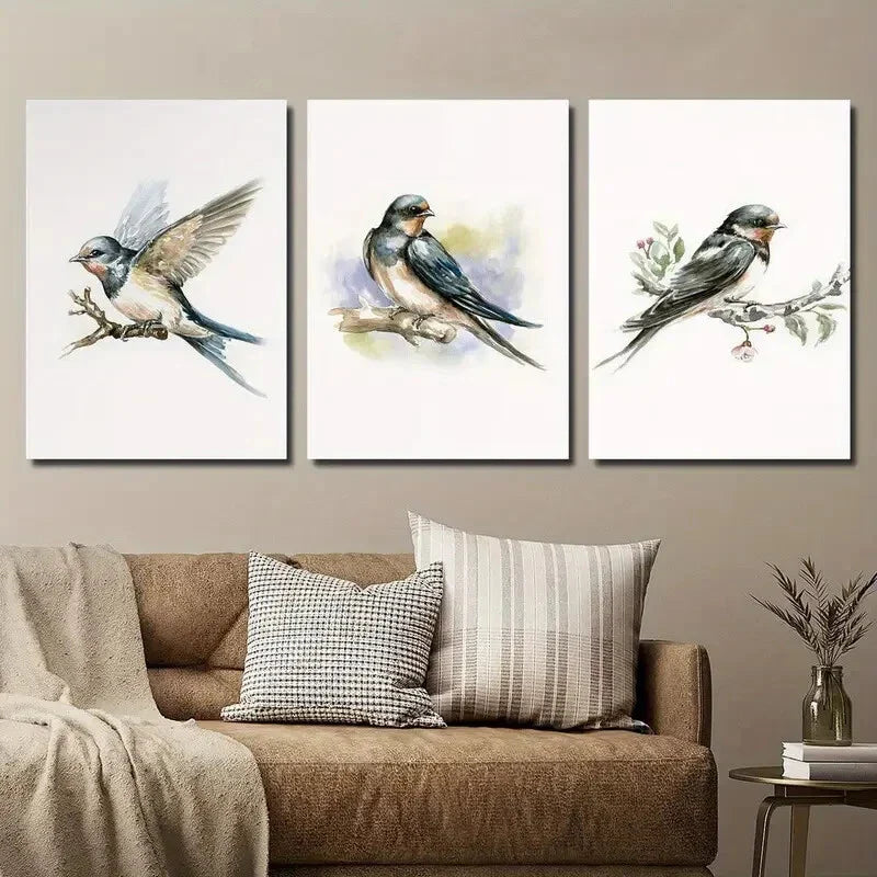 3pcs Bird Illustration on Tree Branch Wall Art Set Canvas Framed 40x60cm - High Quality Print 100% Australian Made Wall Canvas Ready to Hang