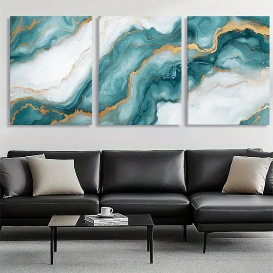 3pcs Teal and Golden Abstract Fluid Perfect Wall Art Set Canvas Framed 40x60cm - High Quality Print 100% Australian Made Wall Canvas Ready to Hang