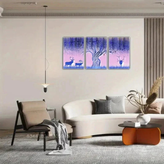 3pcs Sika deer, Golden trees decoration poster Metal Print Ready to Hang Art