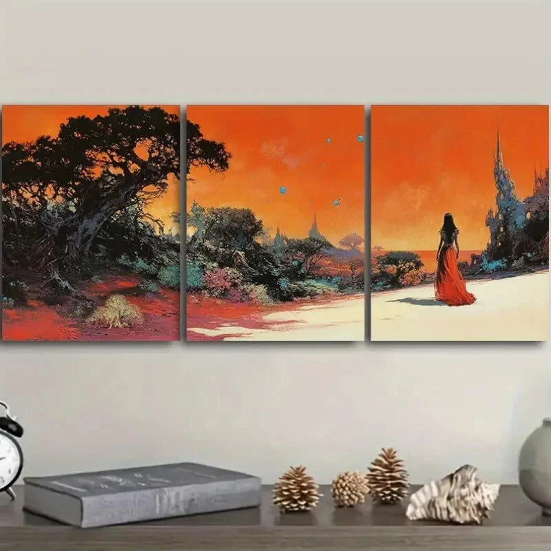 3pcs Vibrant Alien Landscape Silhouette Figure Metal Print Ready to Hang Art