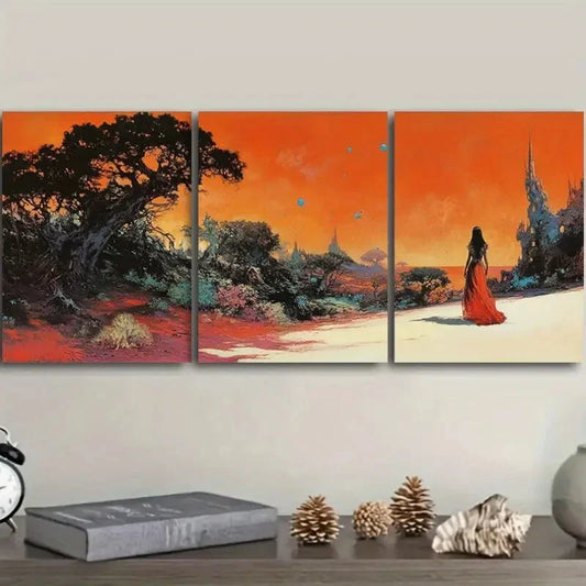 3pcs Vibrant Alien Landscape Silhouette Figure Metal Print Ready to Hang Art