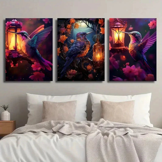 3pcs Hummingbird Lights Dark Floral and bird Metal Print Ready to Hang Art