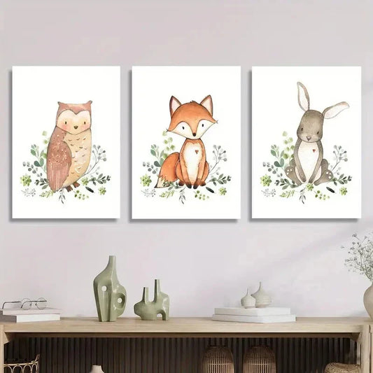 3pcs Owl fox and rabbit, cute bunny Metal Print Ready to Hang Art