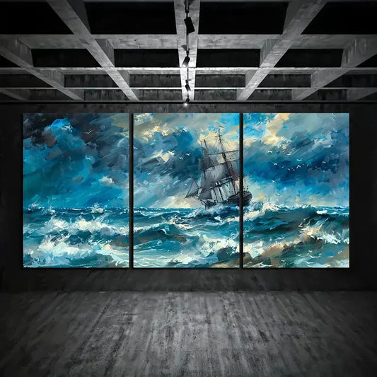 3pcs Nautical Storm Ocean Waves and Ship Metal Print Ready to Hang Art