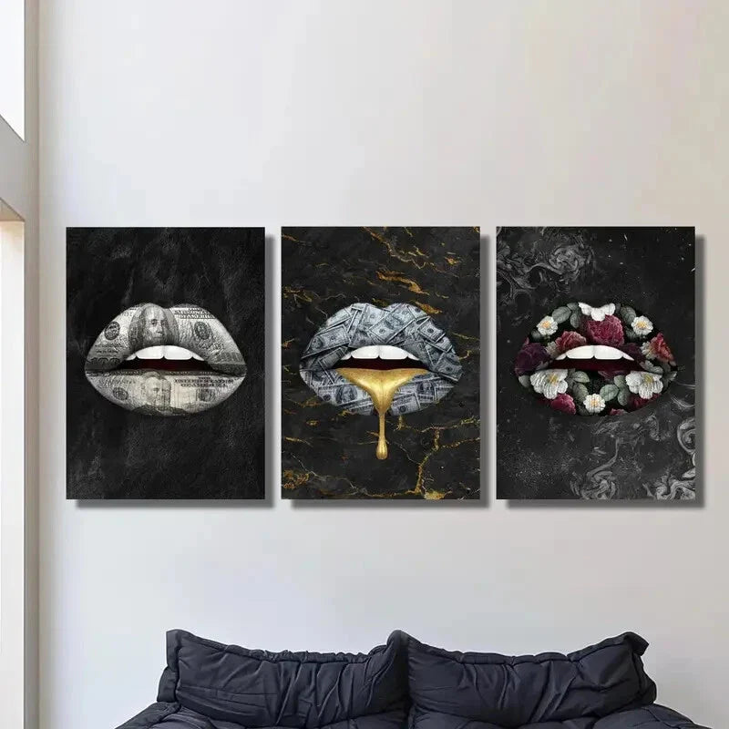 3pcs  Money lips creative poster, golden expensive Metal Print Ready to Hang Art
