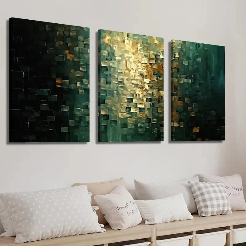 3pcs Vintage Golden And Dark Teal Geometric Wall Art Set Canvas Framed 40x60cm - High Quality Print 100% Australian Made Wall Canvas Ready to Hang