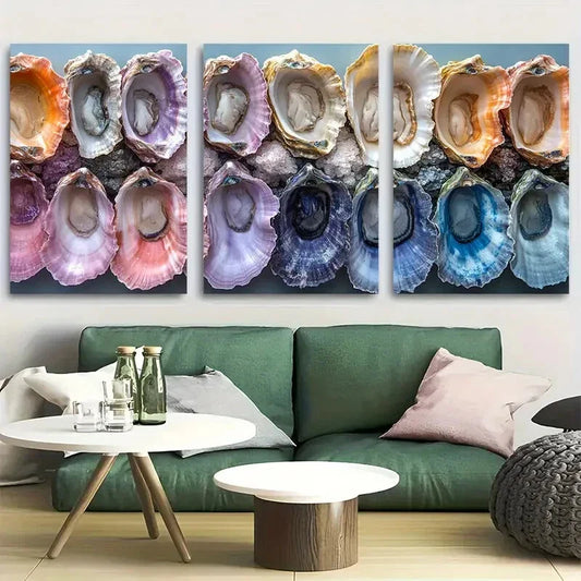 3pcs Colorful Coastal Oyster Shell Metal Print Ready to Hang Art