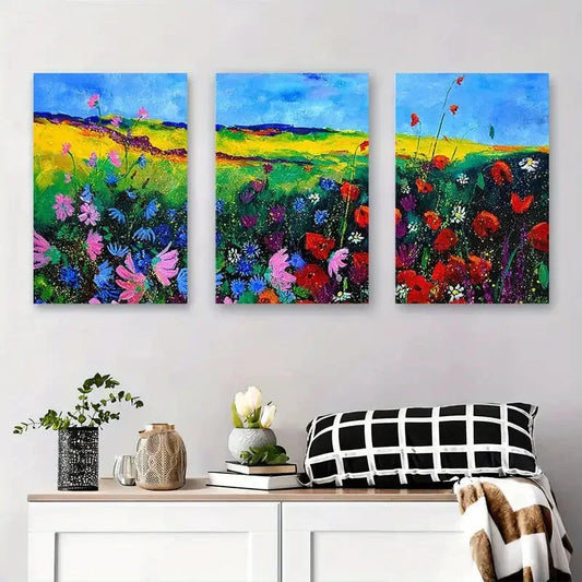 3pcs Vibrant Abstract Floral Landscape Metal Print Ready to Hang Art