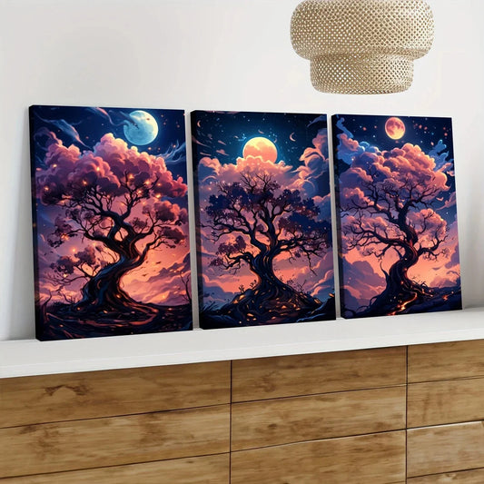 3pcs Cartoon Tree Glowing Branches Pink Clouds Wall Art Set Canvas Framed 40x60cm - High Quality Print 100% Australian Made Wall Canvas Ready to Hang