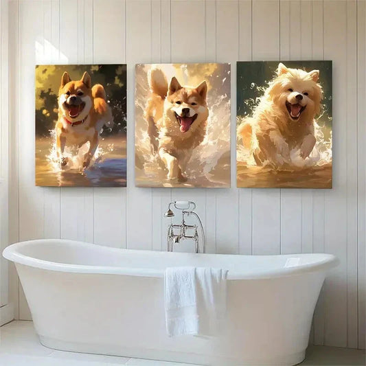 3pcs Playful Dogs Splashing in Water Perfect Wall Art Set Canvas Framed 40x60cm - High Quality Print 100% Australian Made Wall Canvas Ready to Hang