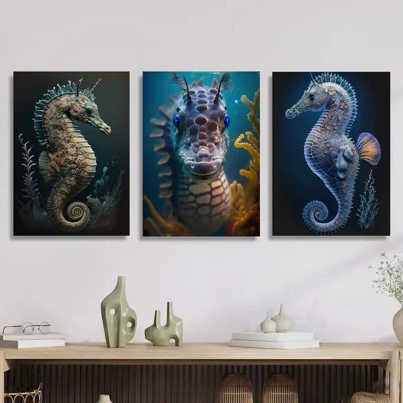 3pcs Seahorse Swimming in Water, Animal Seahorse Metal Print Ready to Hang Art