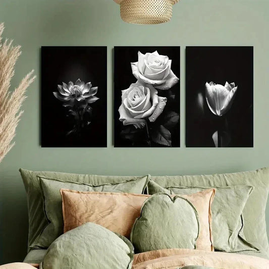 3pcs Elegant Black & White Rose and Lotus Metal Print Ready to Hang Art