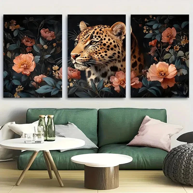 3pcs Regal Leopard Portrait Dark Floral Metal Print Ready to Hang Art