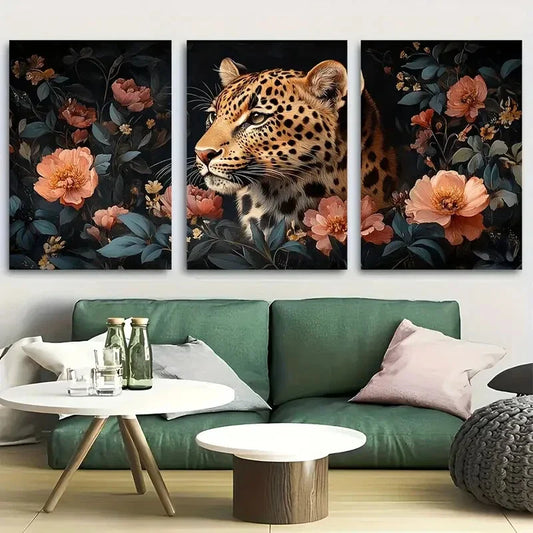 3pcs Regal Leopard Portrait Dark Floral Metal Print Ready to Hang Art