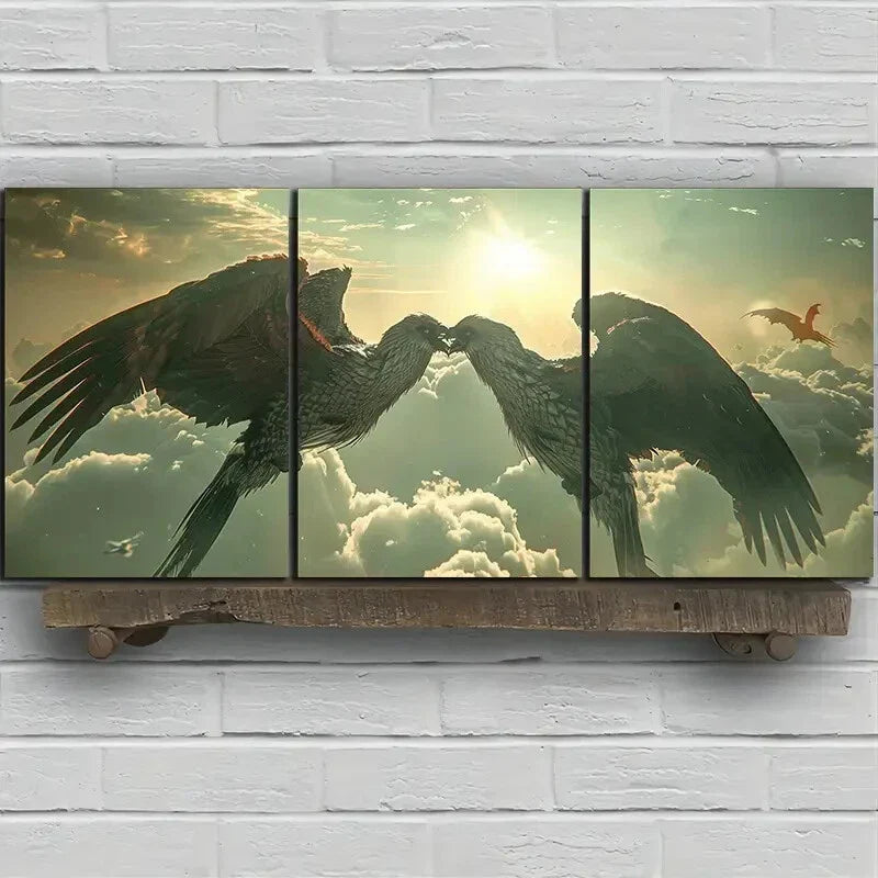 3pcs Fantasy Eagle Sunrise White Clouds Metal Print Ready to Hang Art