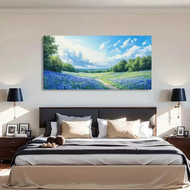 Wildflower Landscape Cloud Blue Wall Art Canvas Office Home Room Framed 120x60cm
