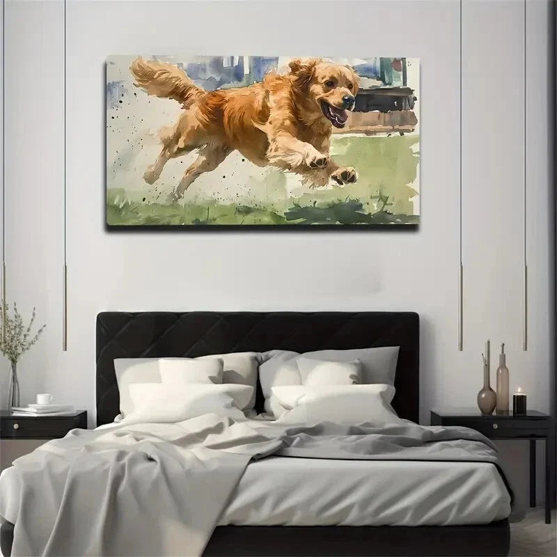 Golden Retriever Running Deco Wall Art Canvas Office Home Room Framed 120x60cm