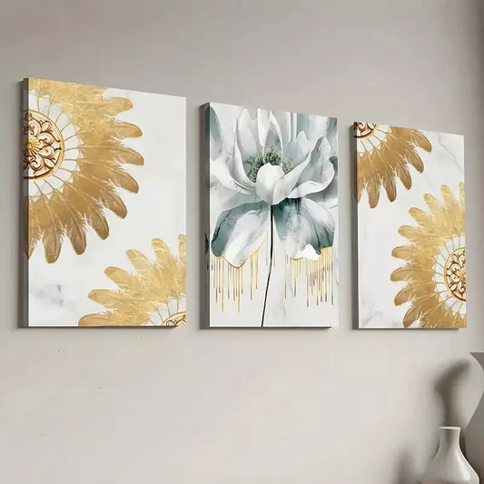 3pcs Elegant Golden Light Luxury Floral Wall Art Set Canvas Framed 40x60cm - High Quality Print 100% Australian Made Wall Canvas Ready to Hang