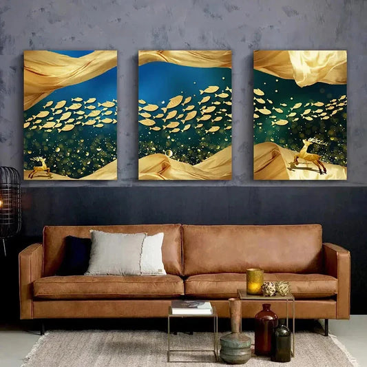 3pcs Golden Koi Fish Abstract Marine Life Metal Print Ready to Hang Art