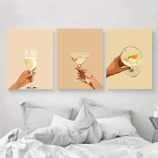 3pcs Modern Toasting Hands with Drinks Metal Print Ready to Hang Art