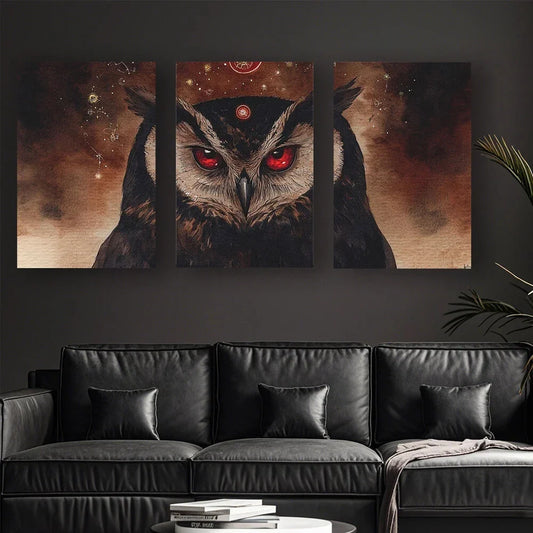 3pcs Red Eye Owl Design Abstract Painting Metal Print Ready to Hang Art