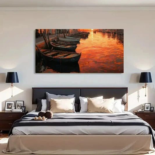 Nature Reflection Sunset Boats Wall Art Canvas Office Home Room Framed 120x60cm