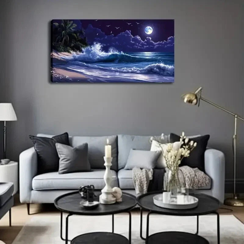 Moonlit Beach Scene With Waves Wall Art Canvas Office Home Room Framed 120x60cm
