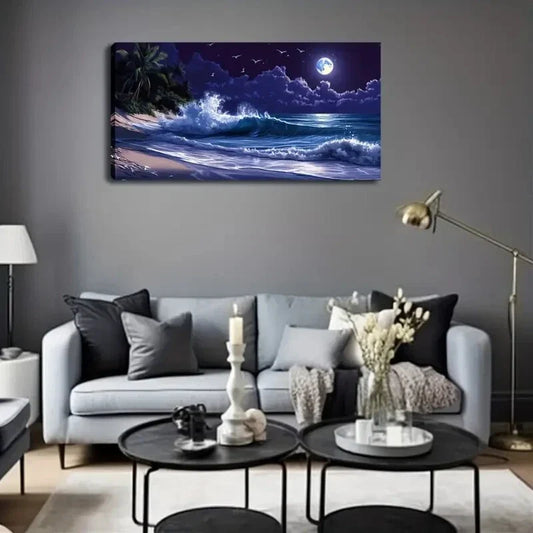 Moonlit Beach Scene With Waves Wall Art Canvas Office Home Room Framed 120x60cm