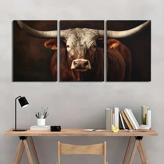 3pcs Texas Longhorn Cattle In A Portrait Style Metal Print Ready to Hang Art